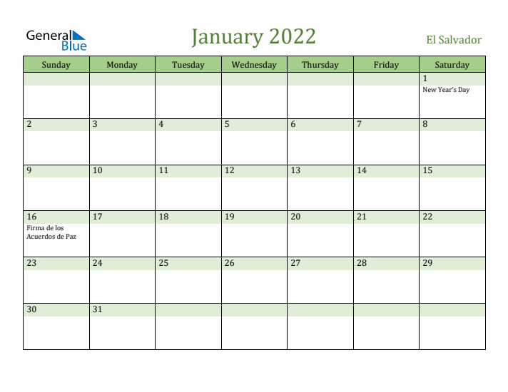January 2022 Calendar with El Salvador Holidays