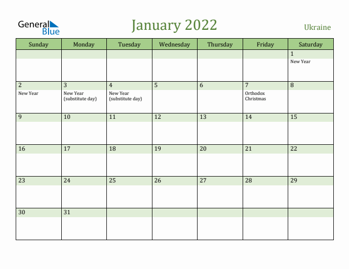 January 2022 Calendar with Ukraine Holidays