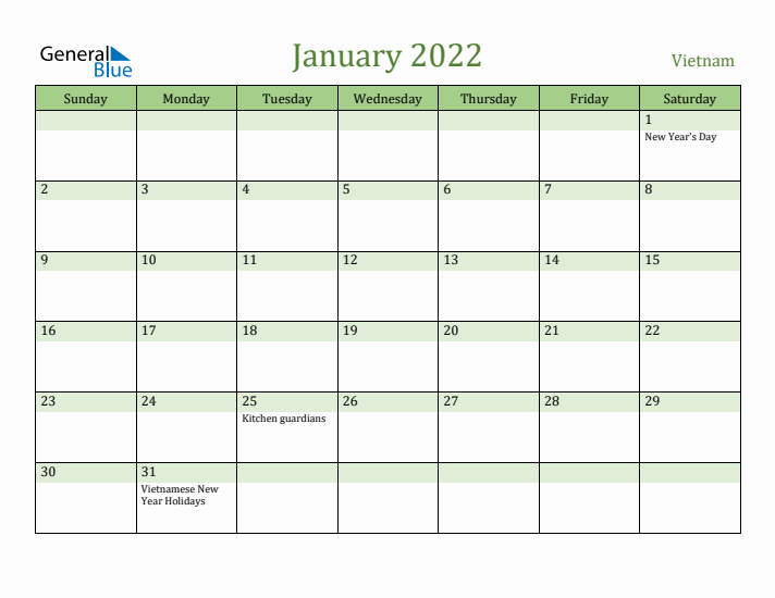 January 2022 Calendar with Vietnam Holidays