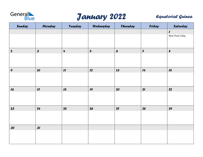 equatorial guinea january 2022 calendar with holidays