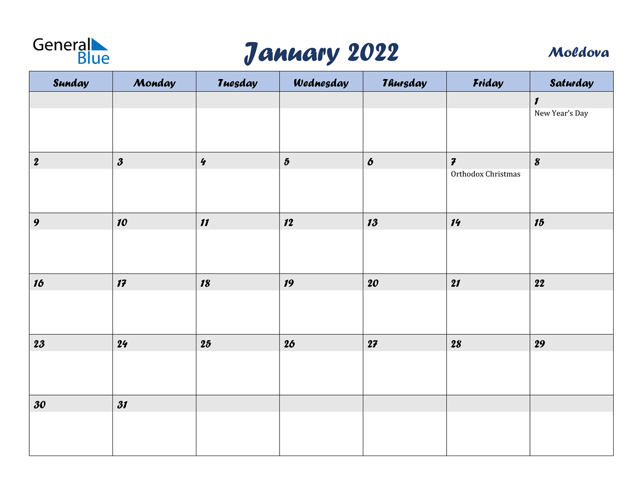 Moldova January 2022 Calendar With Holidays