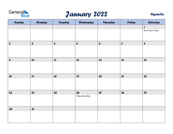 Uganda January 2022 Calendar With Holidays