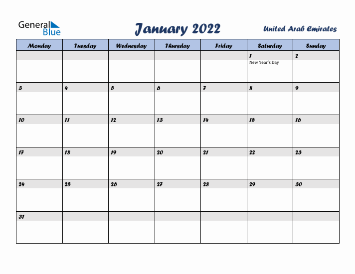 January 2022 Calendar with Holidays in United Arab Emirates