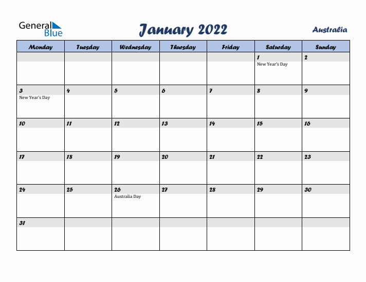 January 2022 Calendar with Holidays in Australia