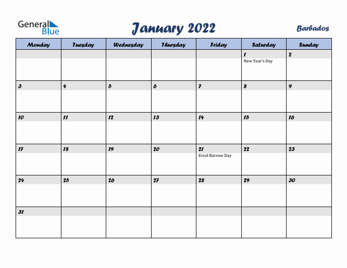 January 2022 Calendar with Holidays in Barbados