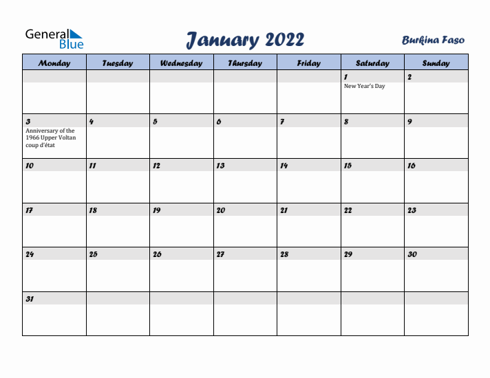 January 2022 Calendar with Holidays in Burkina Faso