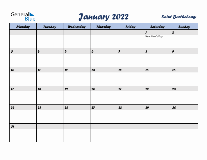 January 2022 Calendar with Holidays in Saint Barthelemy