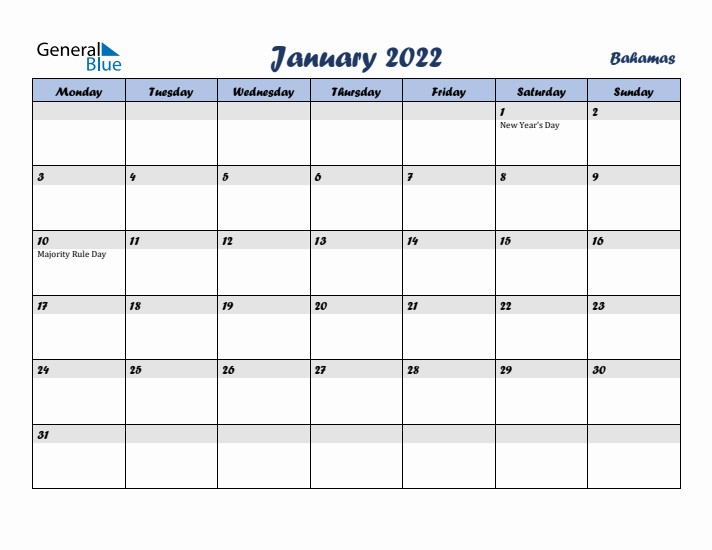 January 2022 Calendar with Holidays in Bahamas