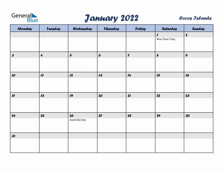 January 2022 Calendar with Holidays in Cocos Islands