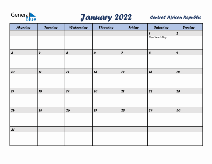 January 2022 Calendar with Holidays in Central African Republic