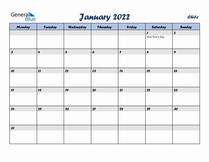 January 2022 Calendar with Holidays in Chile
