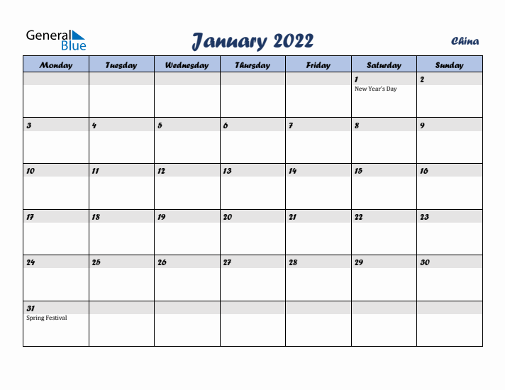January 2022 Calendar with Holidays in China