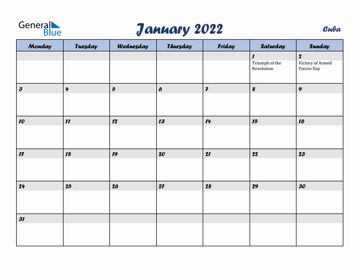 January 2022 Calendar with Holidays in Cuba