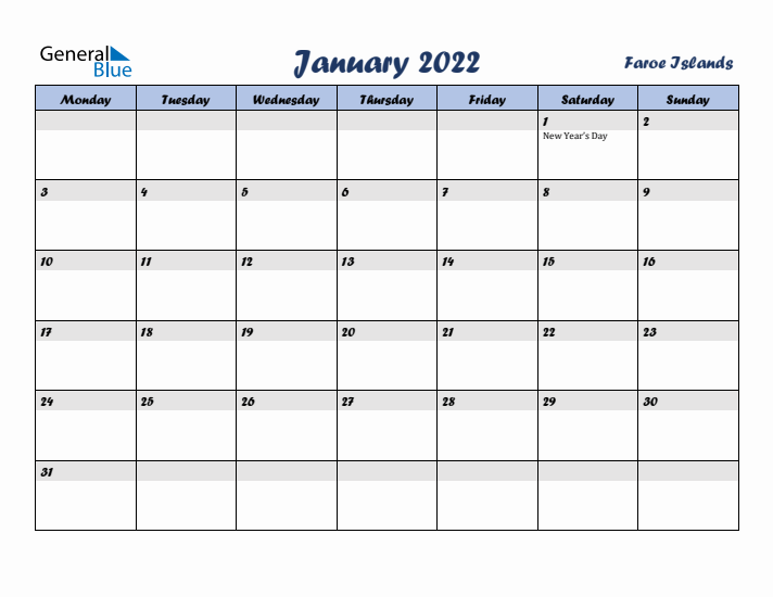 January 2022 Calendar with Holidays in Faroe Islands