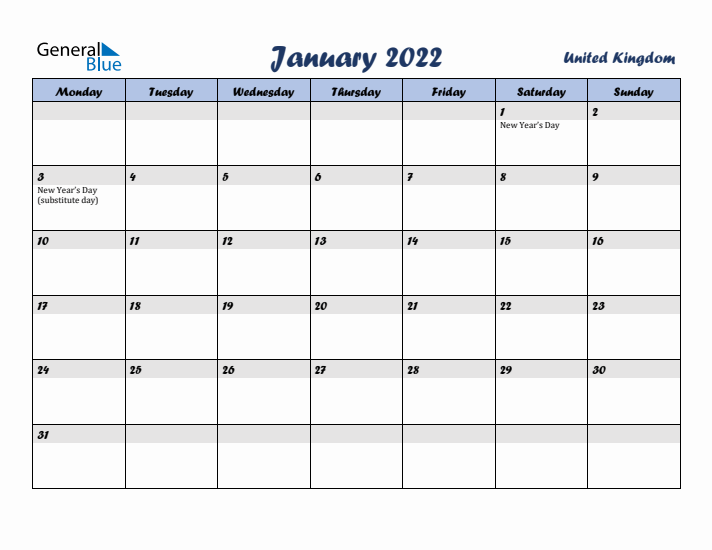 January 2022 Calendar with Holidays in United Kingdom