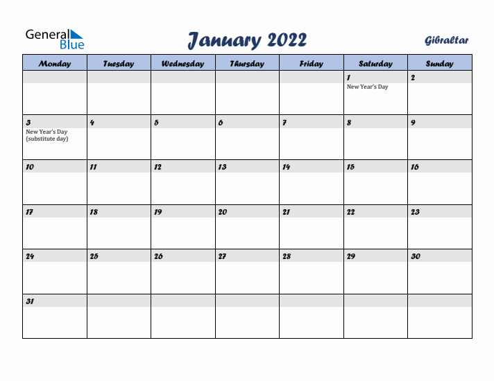 January 2022 Calendar with Holidays in Gibraltar
