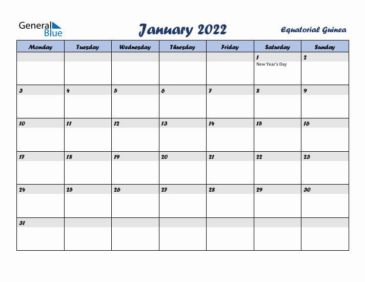 January 2022 Calendar with Holidays in Equatorial Guinea