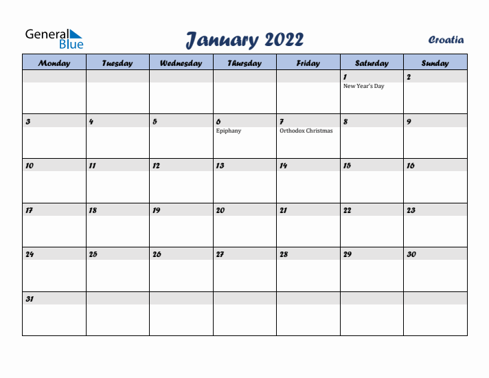 January 2022 Calendar with Holidays in Croatia