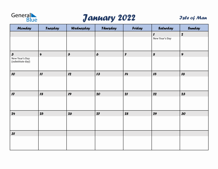 January 2022 Calendar with Holidays in Isle of Man