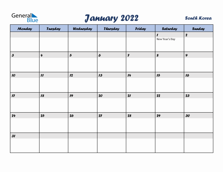 January 2022 Calendar with Holidays in South Korea