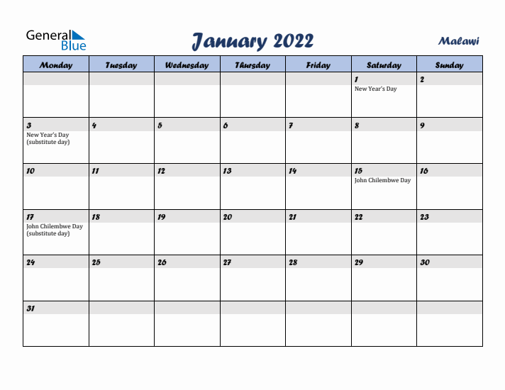 January 2022 Calendar with Holidays in Malawi