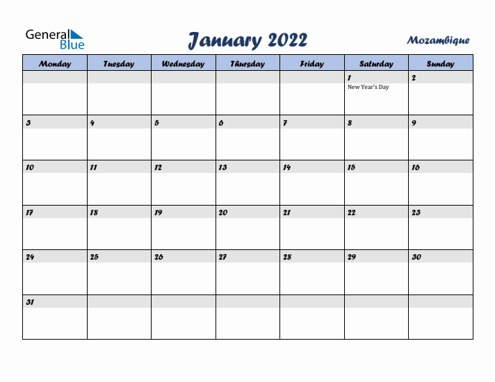 January 2022 Calendar with Holidays in Mozambique