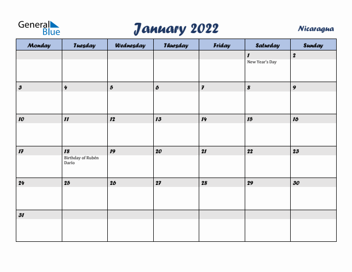 January 2022 Calendar with Holidays in Nicaragua