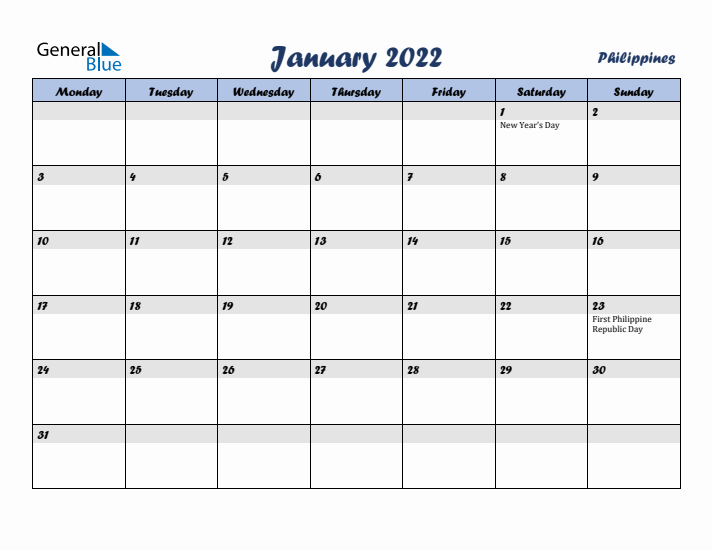January 2022 Calendar with Holidays in Philippines