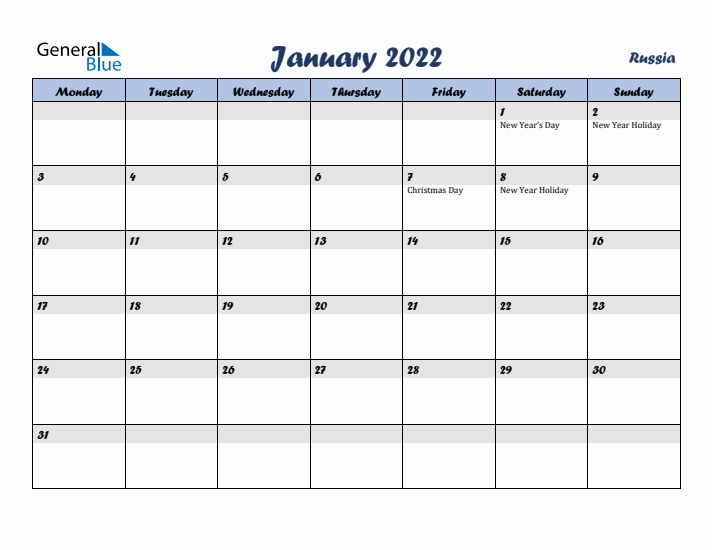 January 2022 Calendar with Holidays in Russia