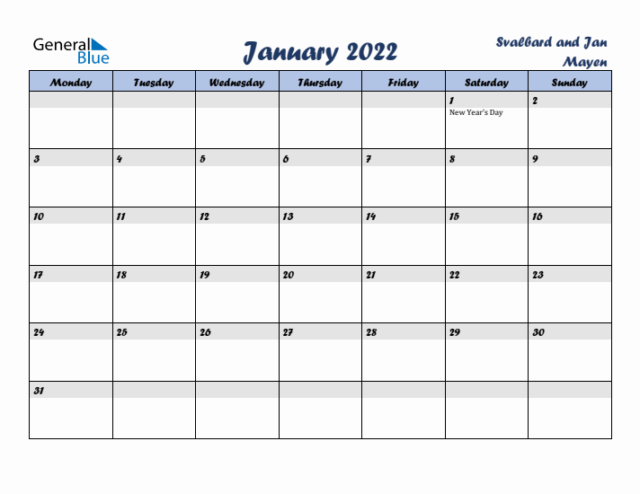 January 2022 Calendar with Holidays in Svalbard and Jan Mayen