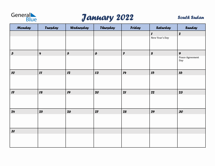 January 2022 Calendar with Holidays in South Sudan
