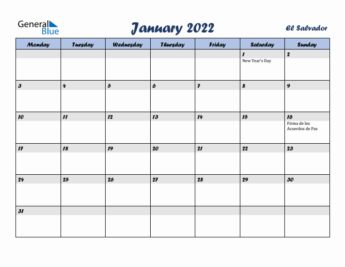 January 2022 Calendar with Holidays in El Salvador