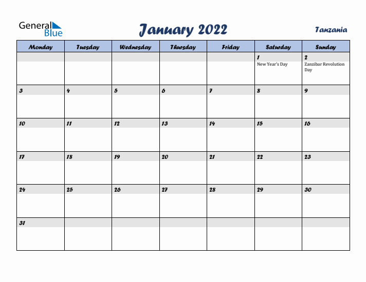 January 2022 Calendar with Holidays in Tanzania