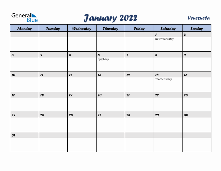 January 2022 Calendar with Holidays in Venezuela