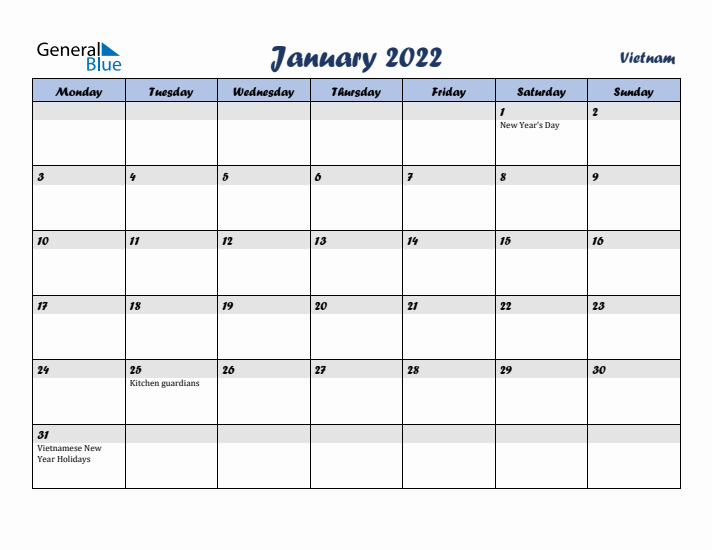 January 2022 Calendar with Holidays in Vietnam