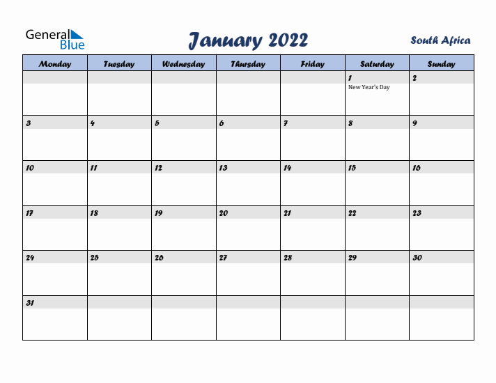 January 2022 Calendar with Holidays in South Africa