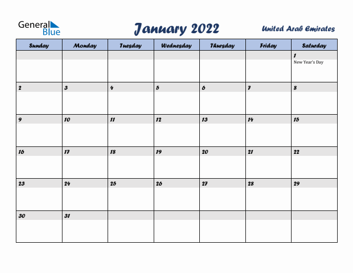 January 2022 Calendar with Holidays in United Arab Emirates