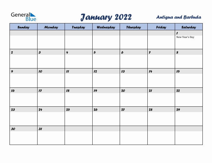 January 2022 Calendar with Holidays in Antigua and Barbuda