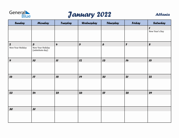 January 2022 Calendar with Holidays in Albania