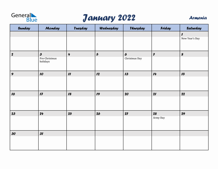 January 2022 Calendar with Holidays in Armenia