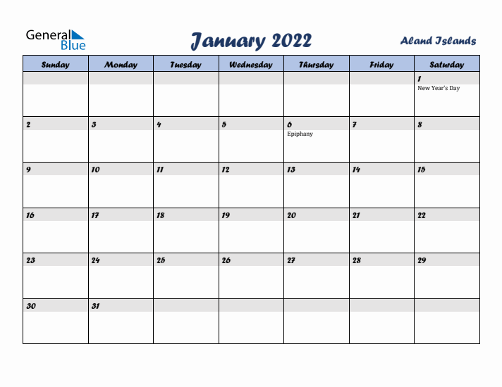 January 2022 Calendar with Holidays in Aland Islands