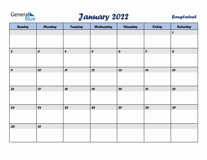 January 2022 Calendar with Holidays in Bangladesh