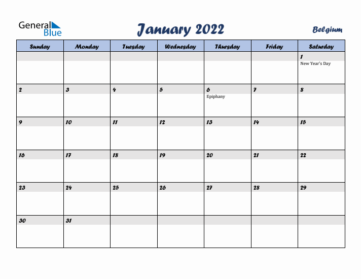 January 2022 Calendar with Holidays in Belgium