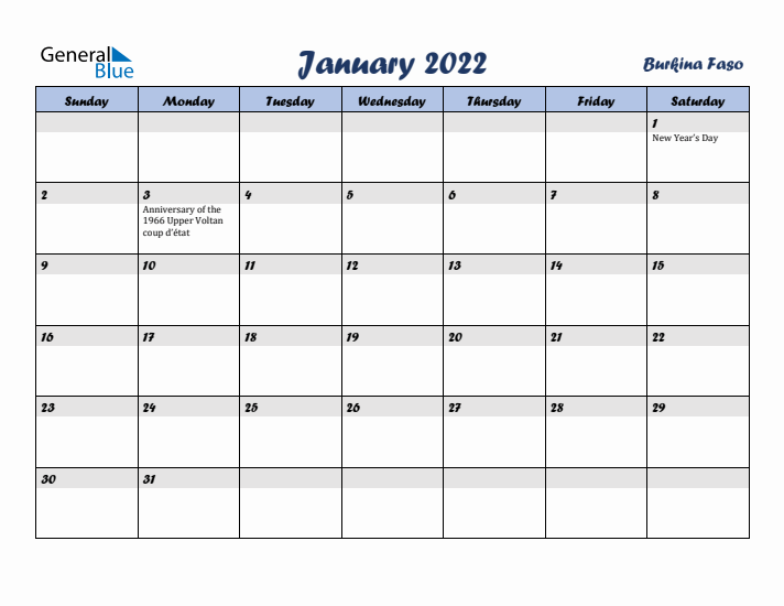 January 2022 Calendar with Holidays in Burkina Faso