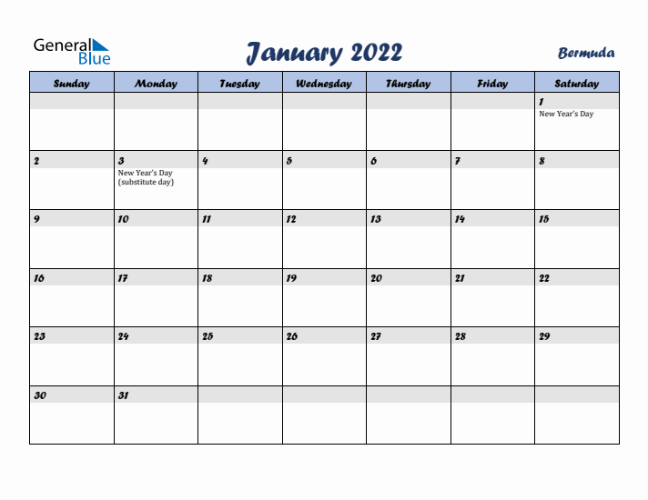January 2022 Calendar with Holidays in Bermuda