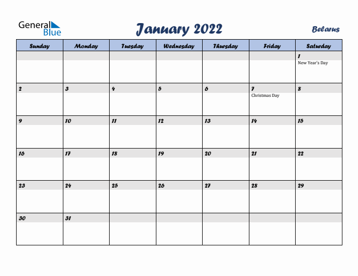 January 2022 Calendar with Holidays in Belarus