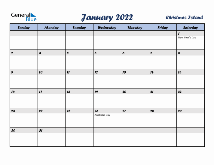 January 2022 Calendar with Holidays in Christmas Island