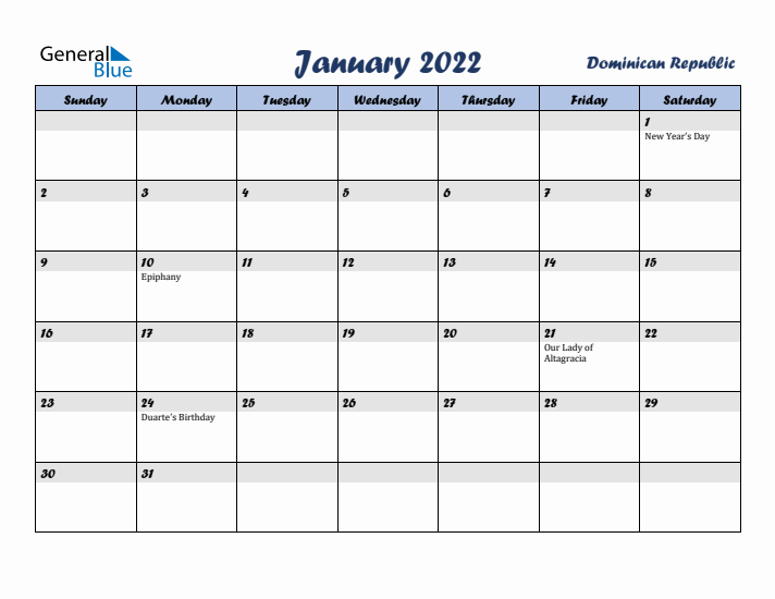 January 2022 Calendar with Holidays in Dominican Republic