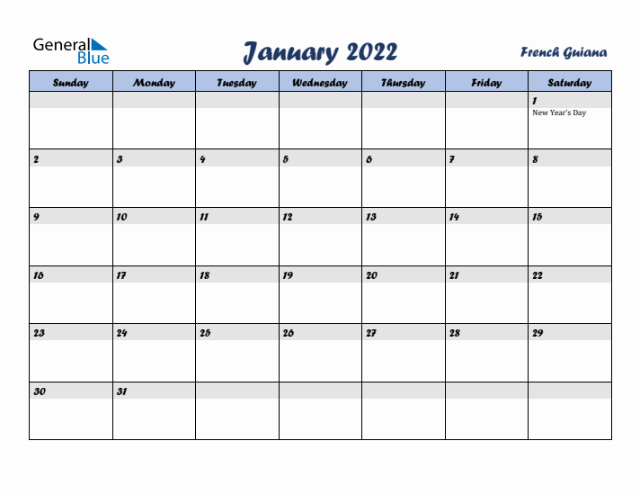 January 2022 Calendar with Holidays in French Guiana