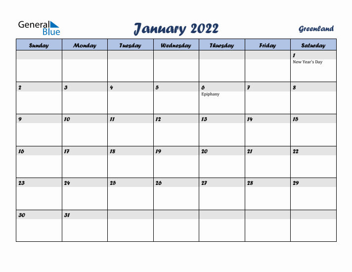 January 2022 Calendar with Holidays in Greenland